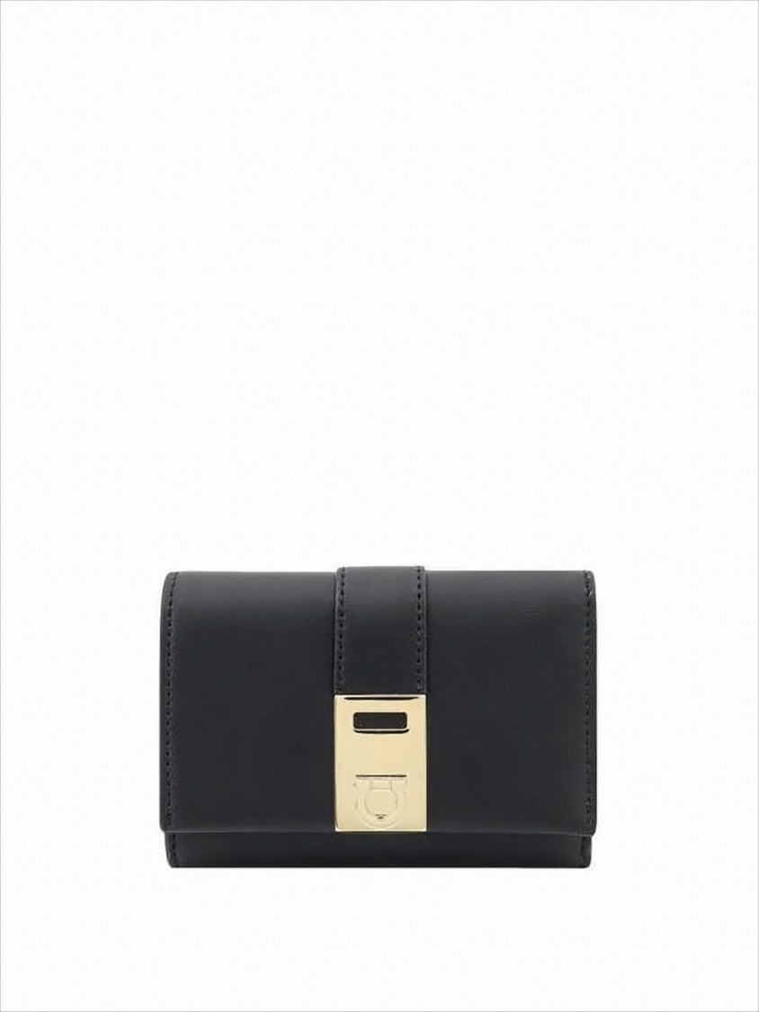 Rectangular Black Calf Leather Wallet with Gold-tone Clasp