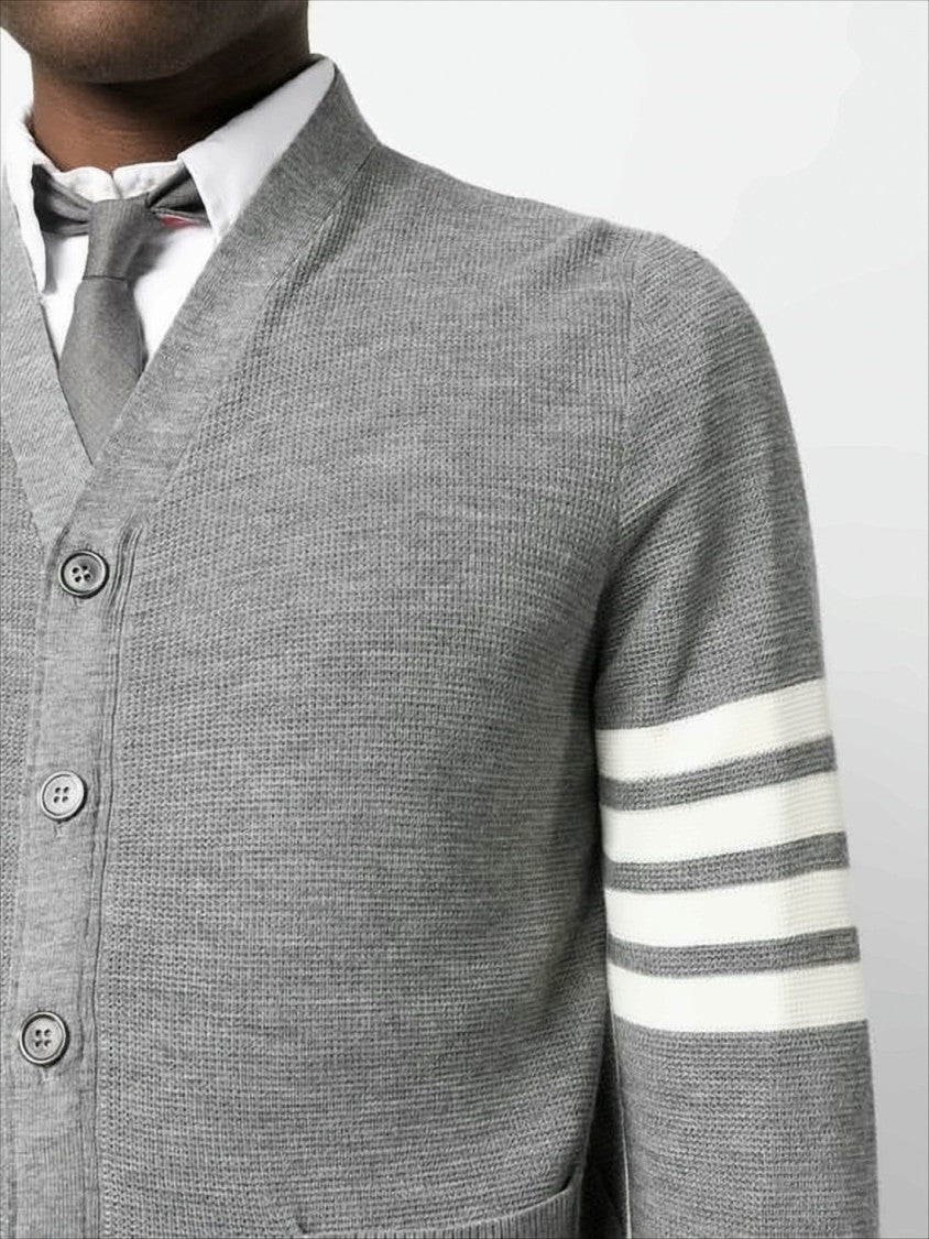 V-Neck Hand-Knitted Grey Wool Cardigan with Signature Stripes