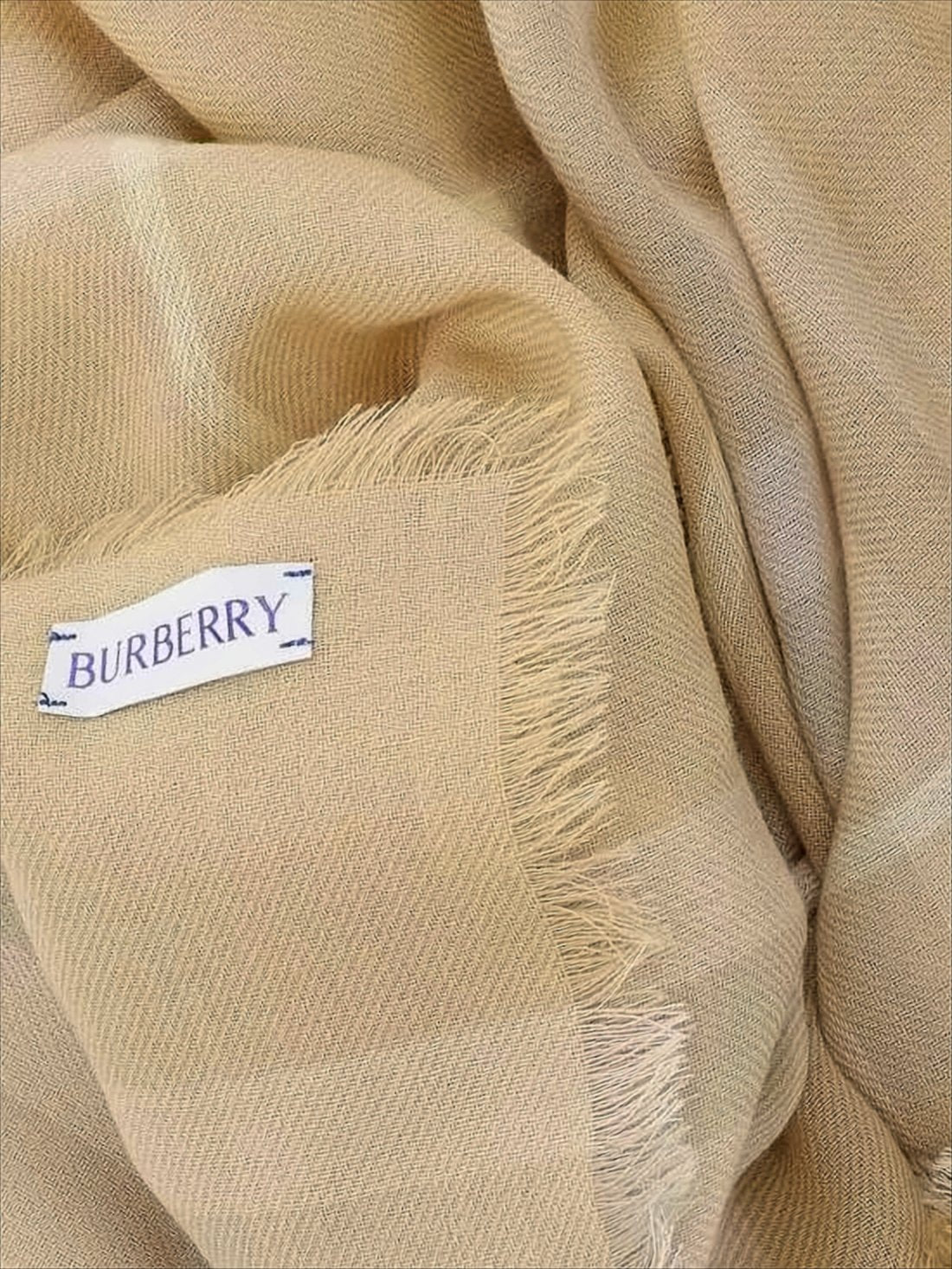 Beige Plaid Wool Scarf with Fringed Edges
