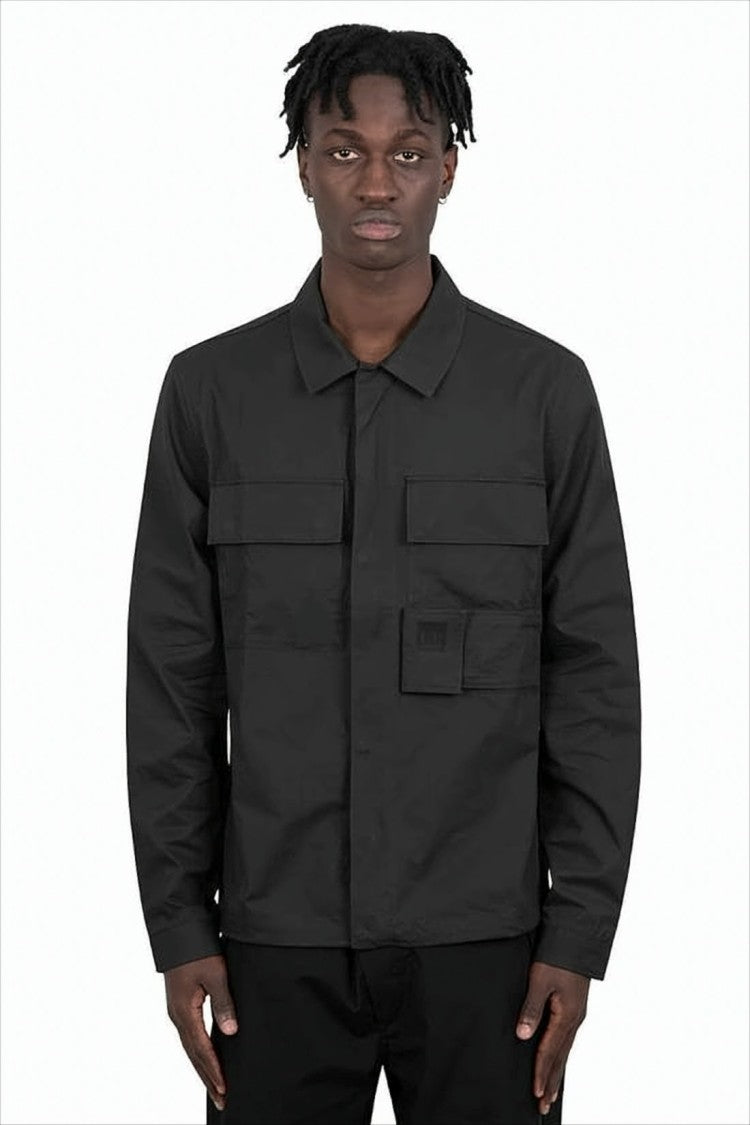Black Long-Sleeve Shirt With Classic Collar And Utility Pockets