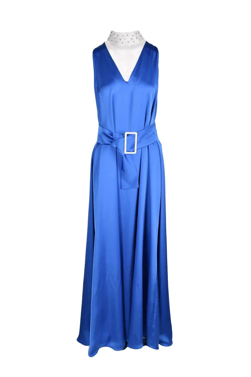 Maxi Dress with Detachable Collar - Blue