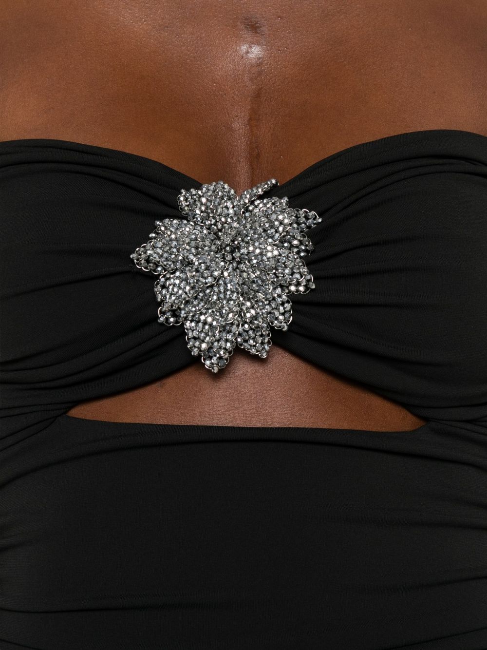 Strapless Black Midi Dress With Ruched Detailing