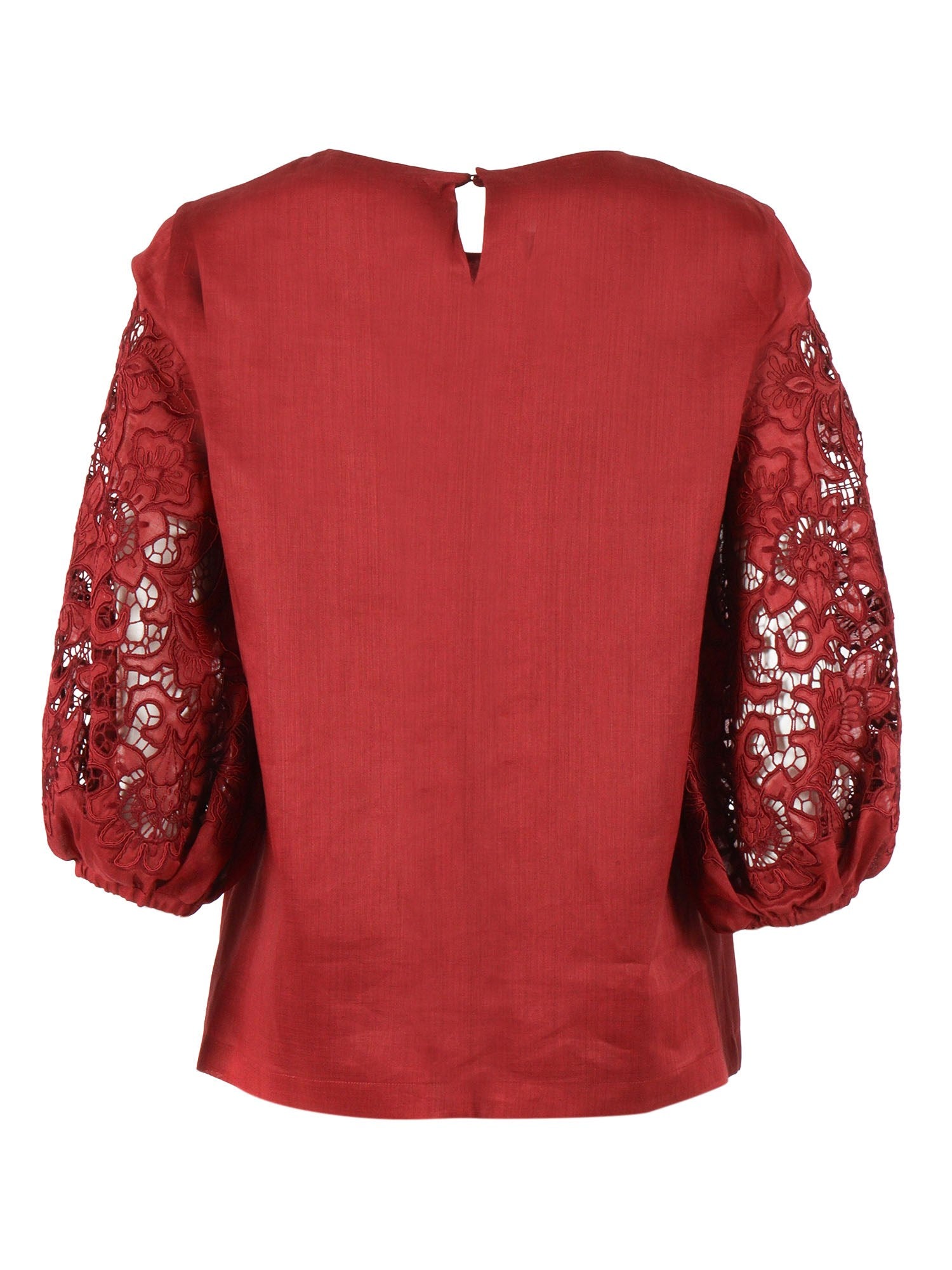 Voluminous Red Top with Floral Lace Cutouts