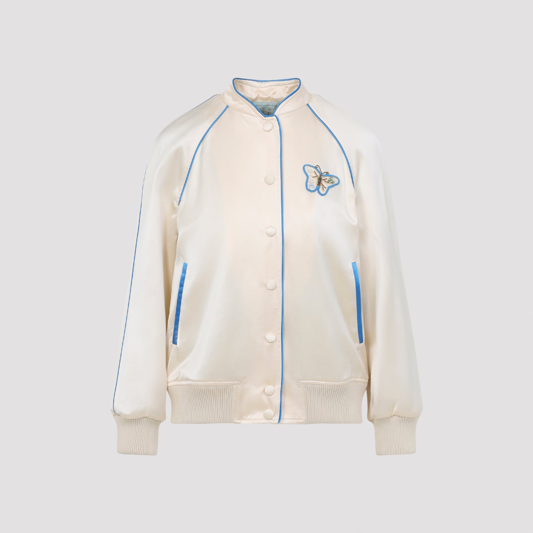 Satin-Finish Ivory Jacket With Butterfly Embroidery