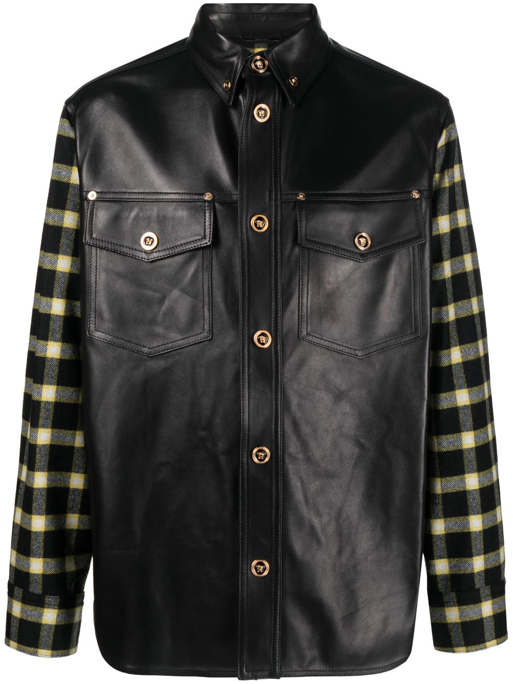 Black Blouson Leather Checkered Sleeve Jacket