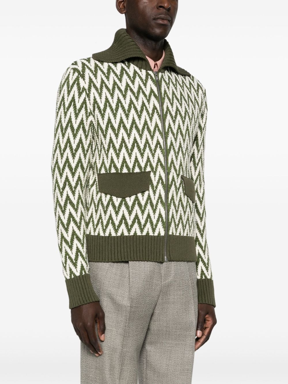 Khaki and White Herringbone Pattern Cotton Sweater