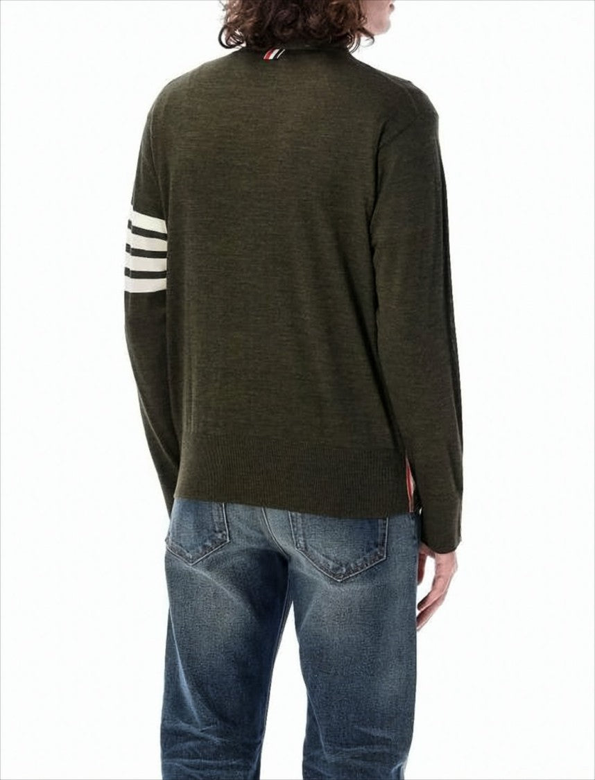Slim Fit Olive Wool Cardigan with Signature Stripes