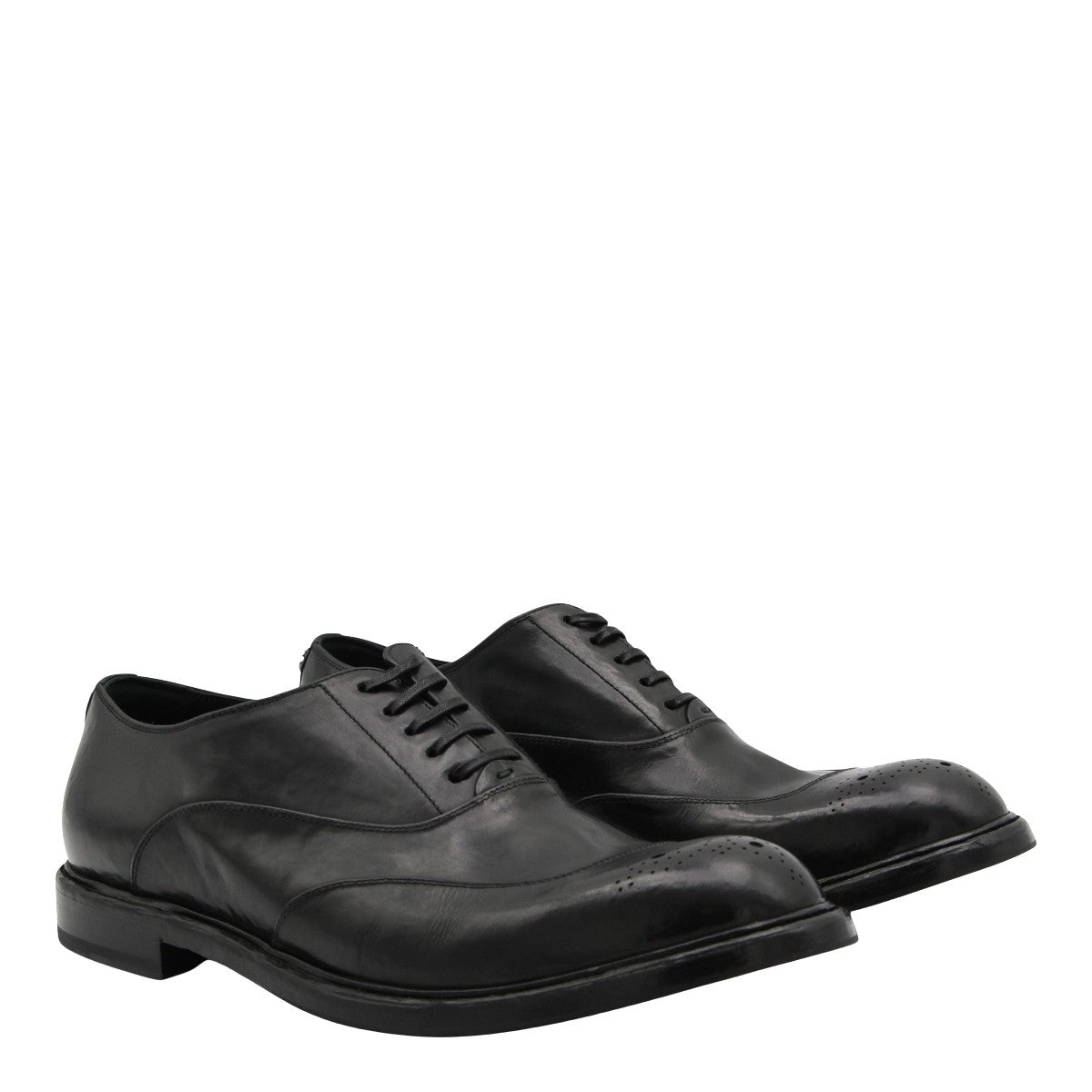 Brogue-Style Black Leather Flat Shoes