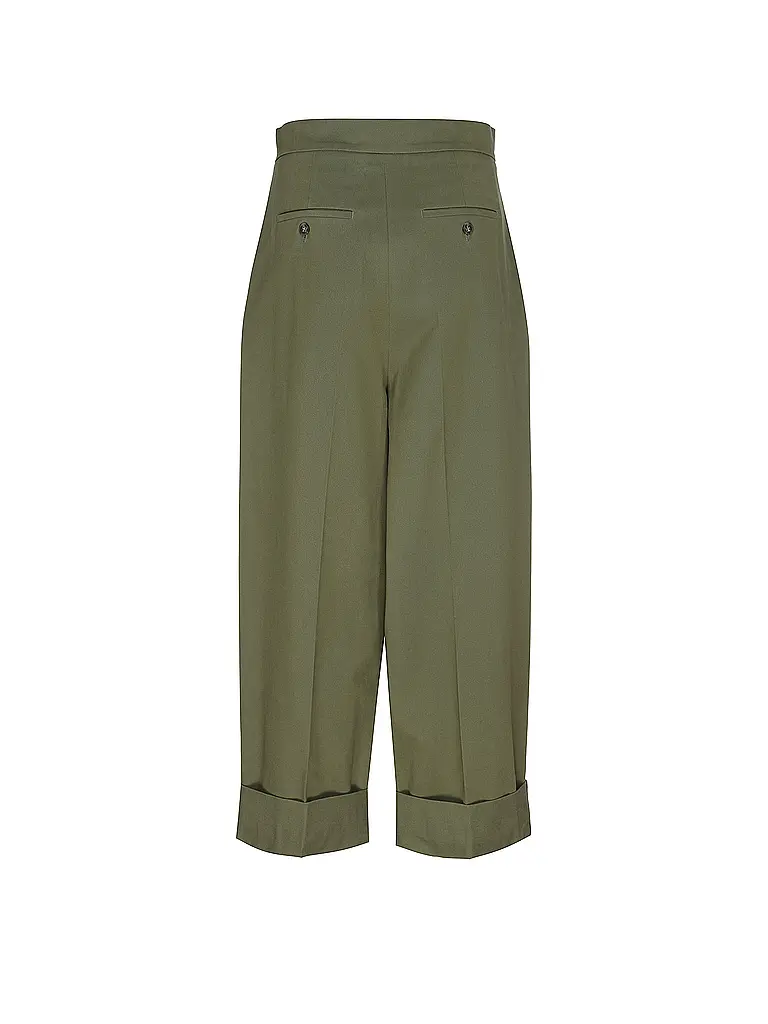 Cropped Olive Green Pants With Pleated Front