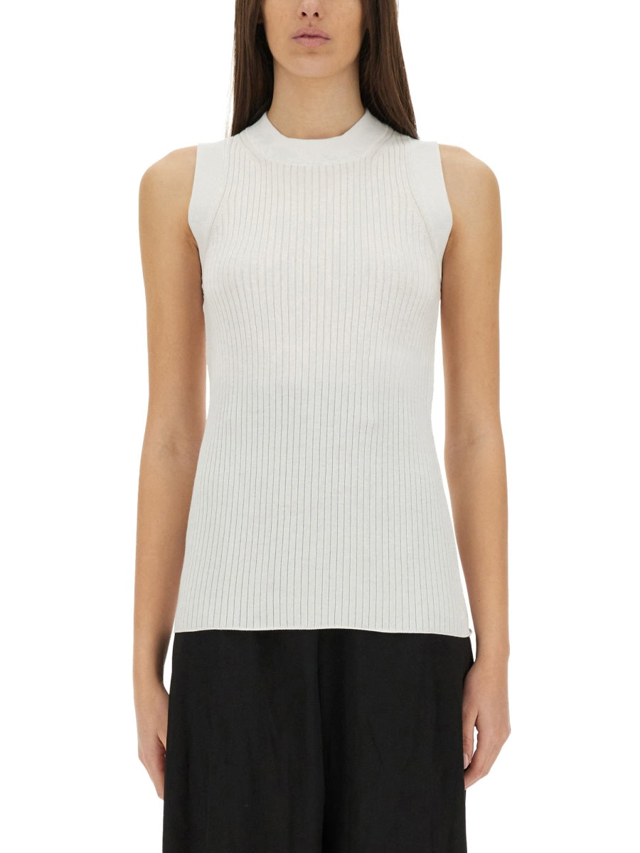 Ribbed Sleeveless Slim Fit Top With High Neckline