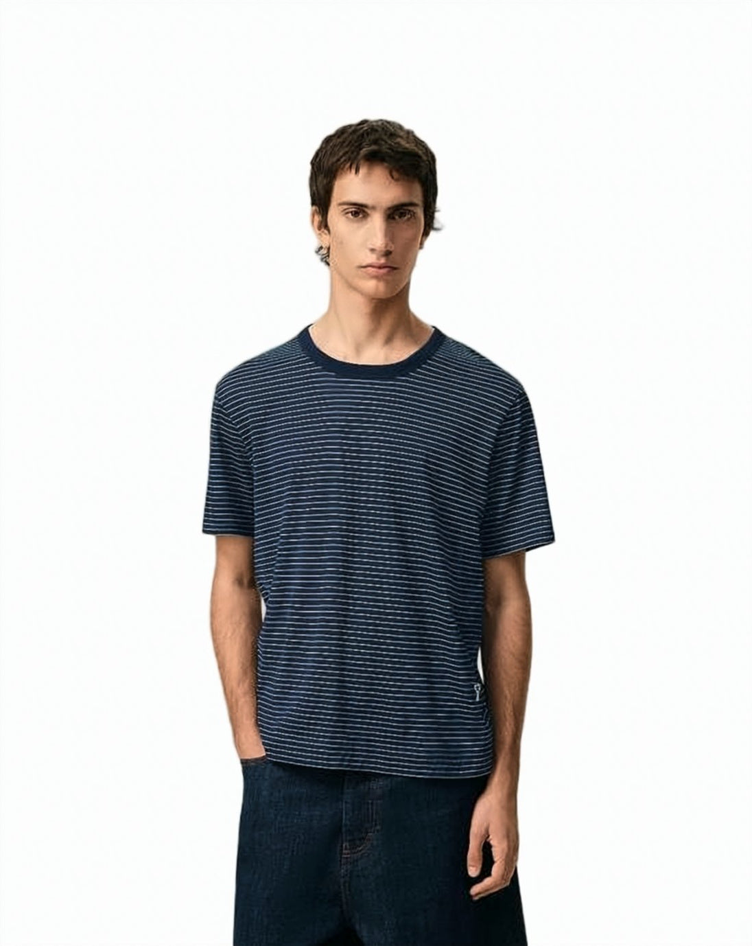 Navy Blue Cotton T-Shirt with Striped Design
