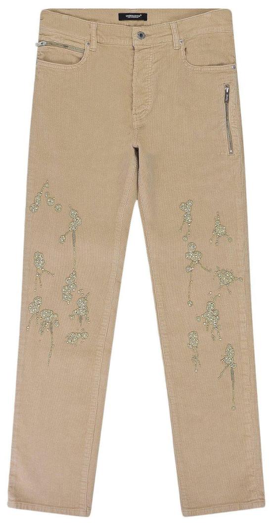 Beige Corduroy Pants with Floral Embroidery