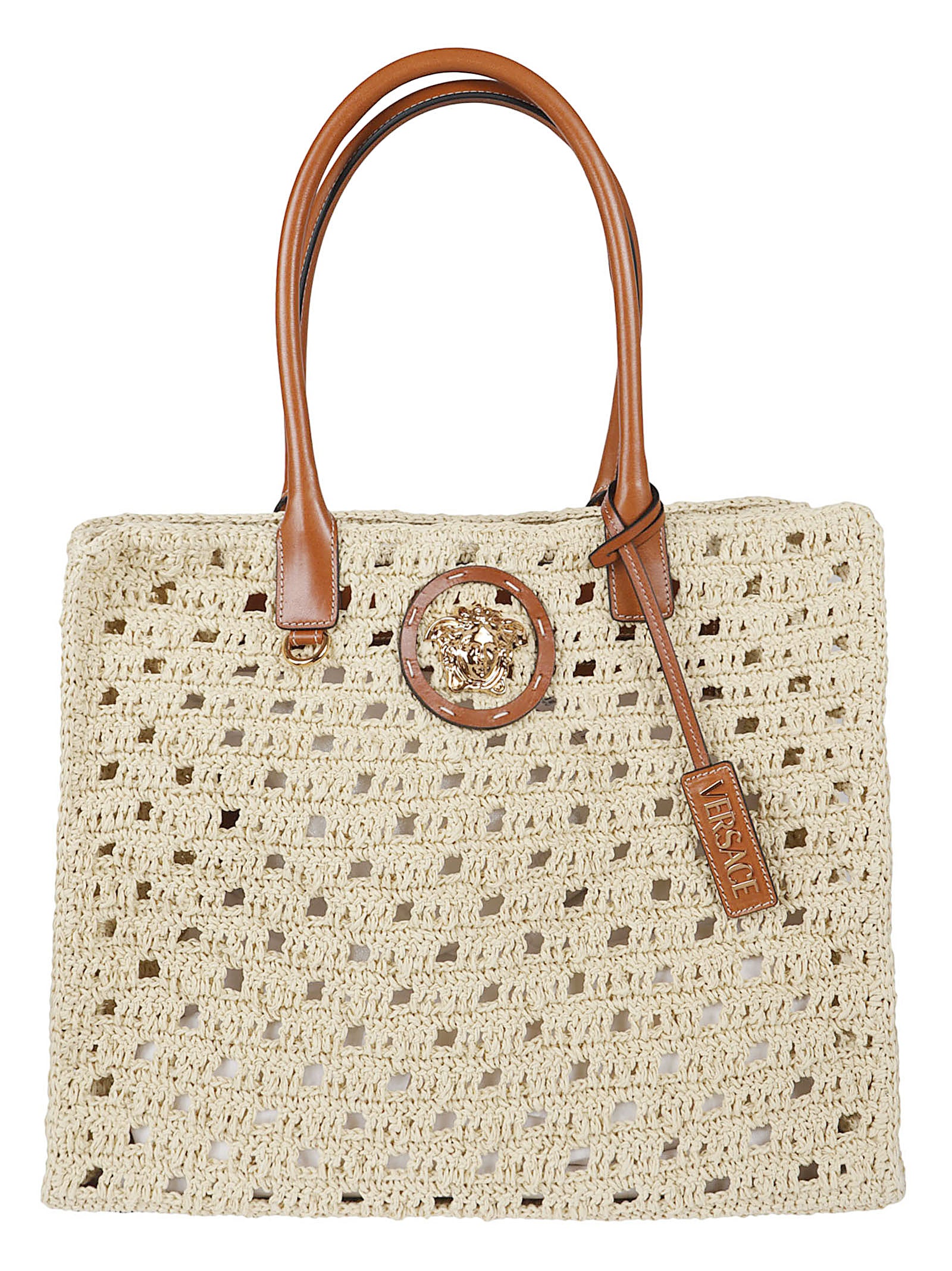 Textured Woven Bag With Gold Medusa Plaque