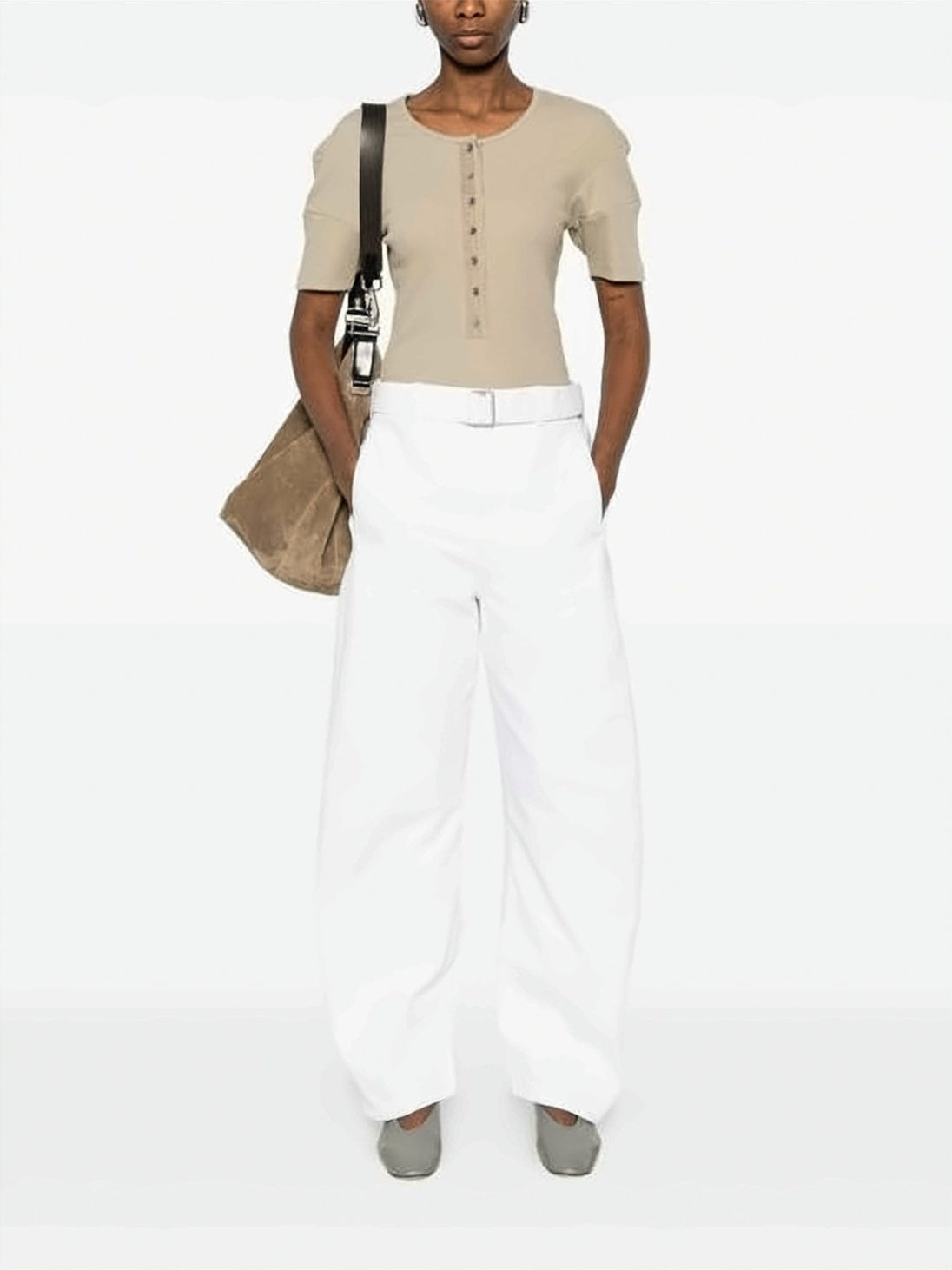 Ribbed Knit Short-Sleeved Top with Buttoned Placket