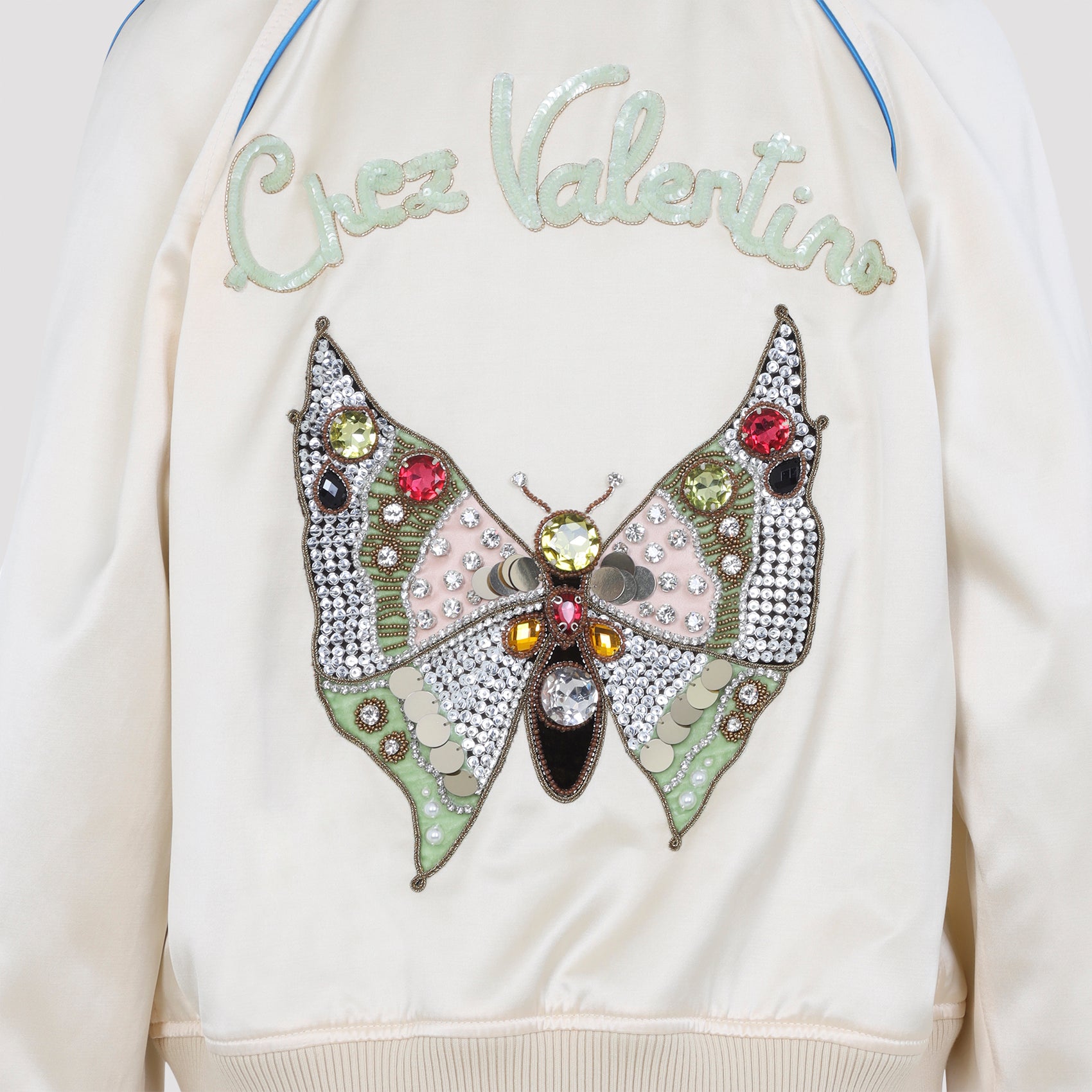 Satin-Finish Ivory Jacket With Butterfly Embroidery