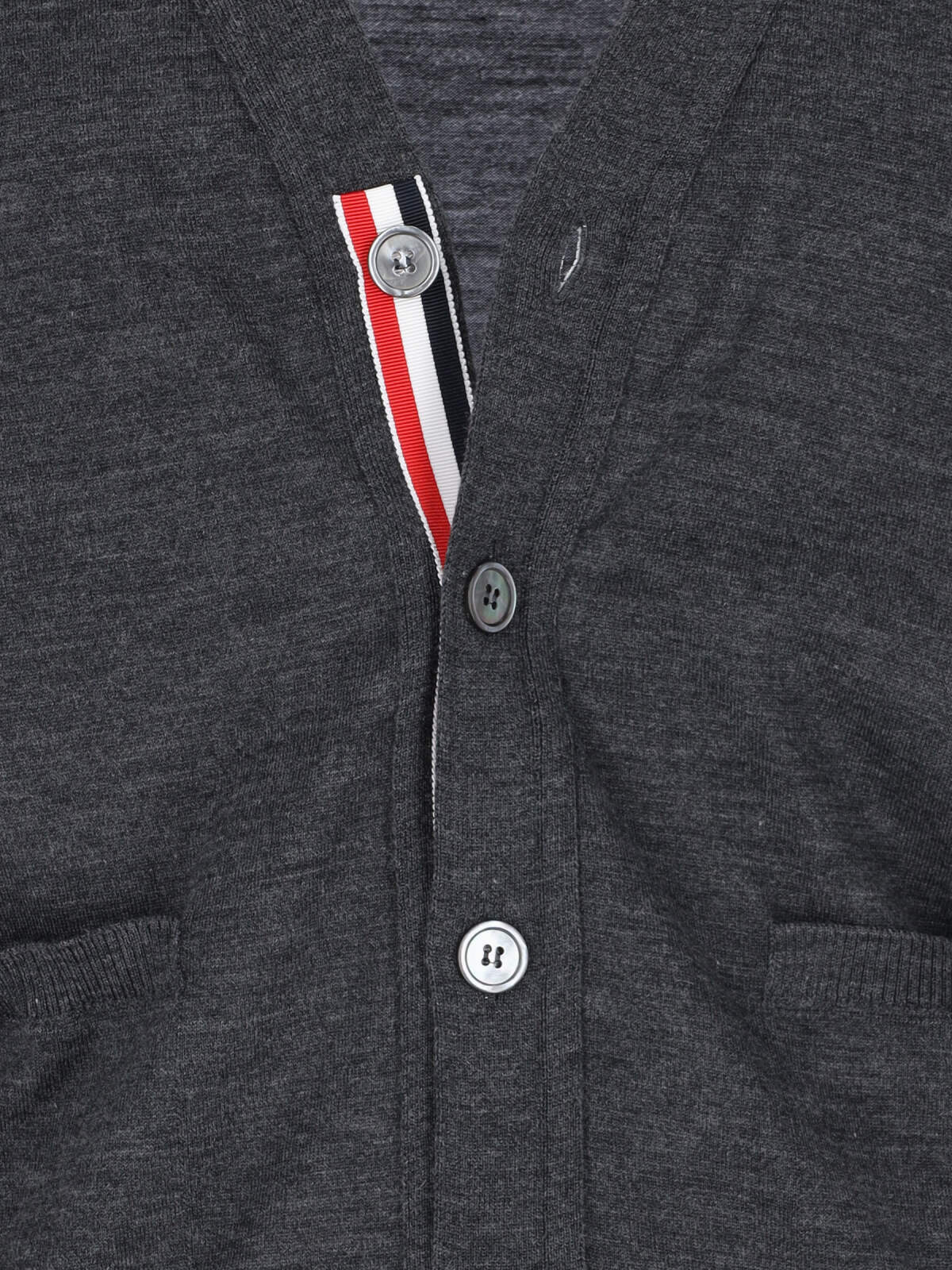 Iconic V-Neck Cardigan In Grey Wool With Signature Stripes