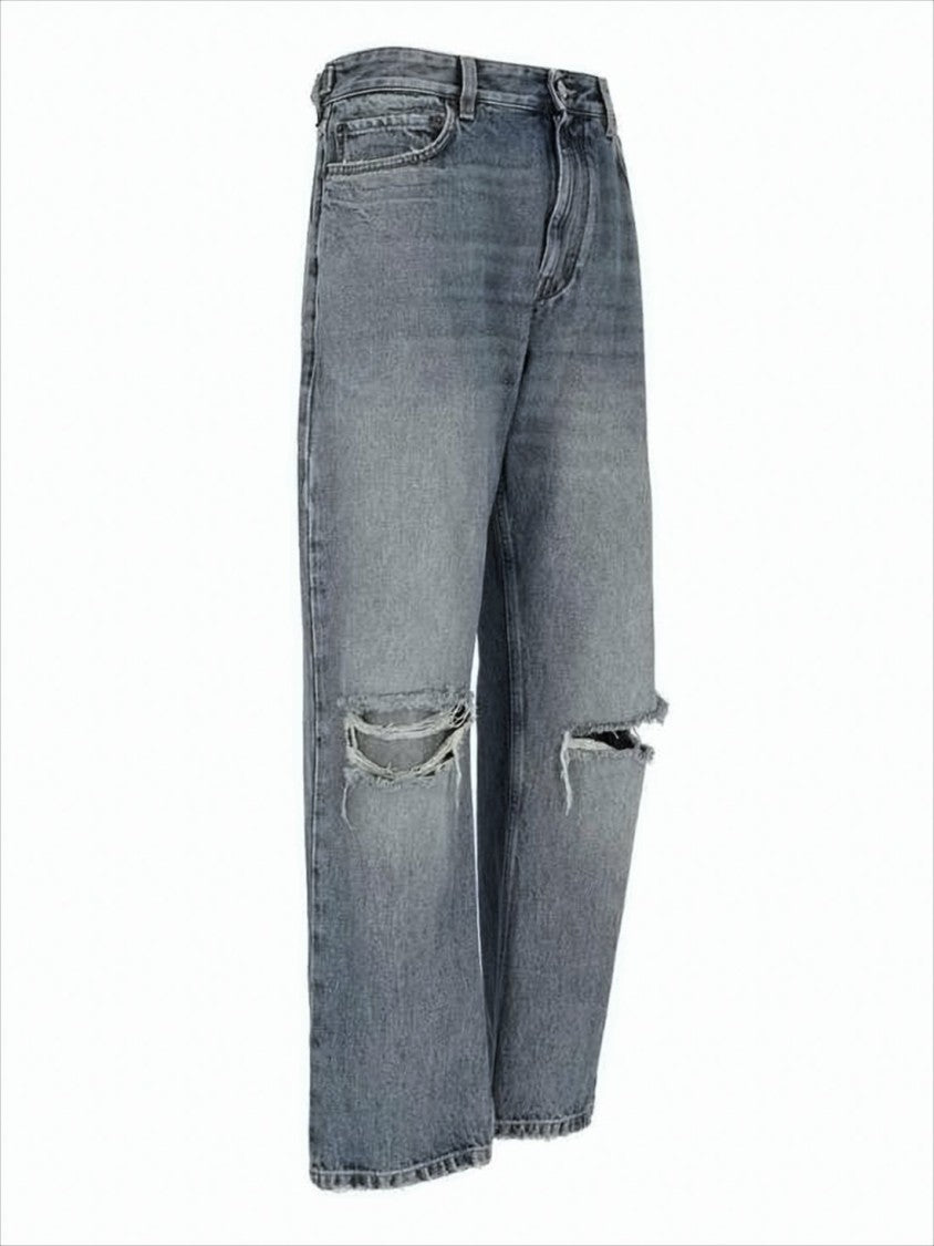Distressed Denim Pants with Relaxed Fit and Classic Five-Pocket Design
