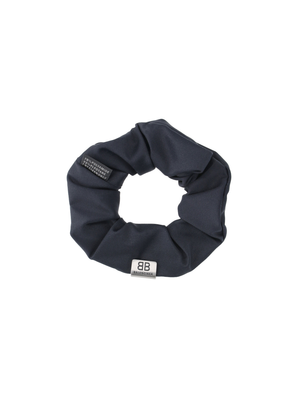 Gathered Black Fabric Scrunchie with Silver Logo Tag