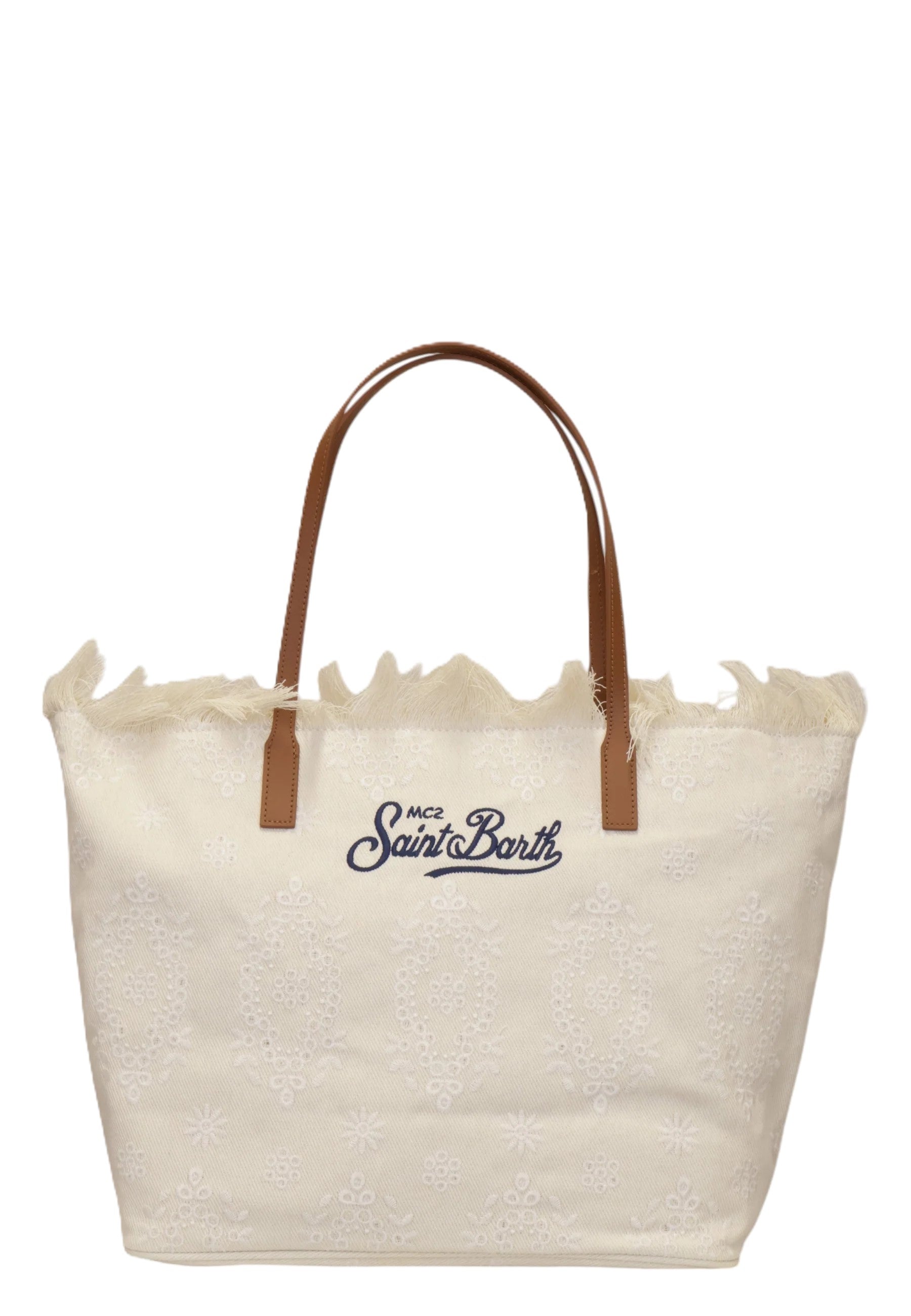 Textured Floral Tote Bag with Leather Handles