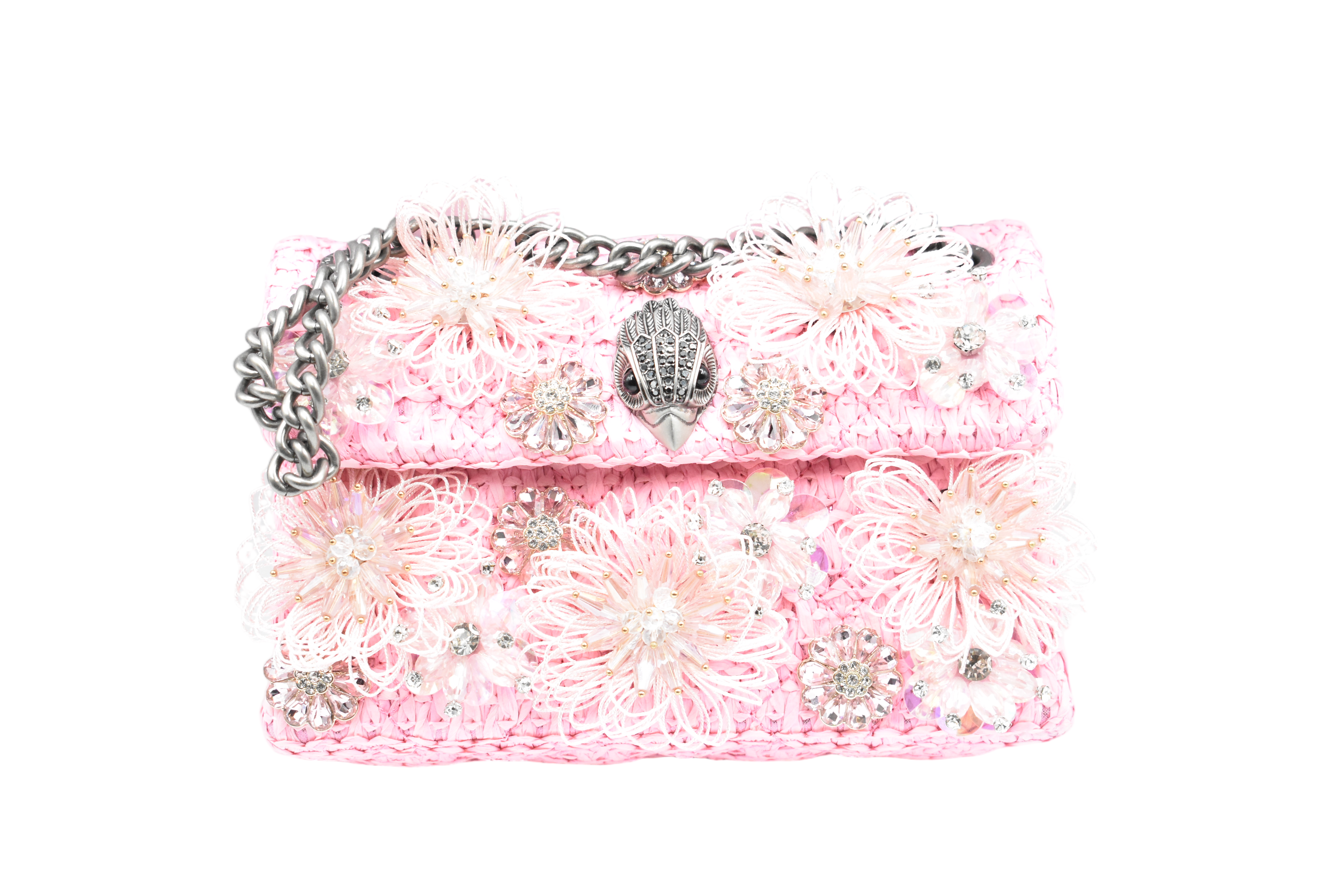 Intricately Crocheted Pink Shoulder Bag With Floral Appliqués