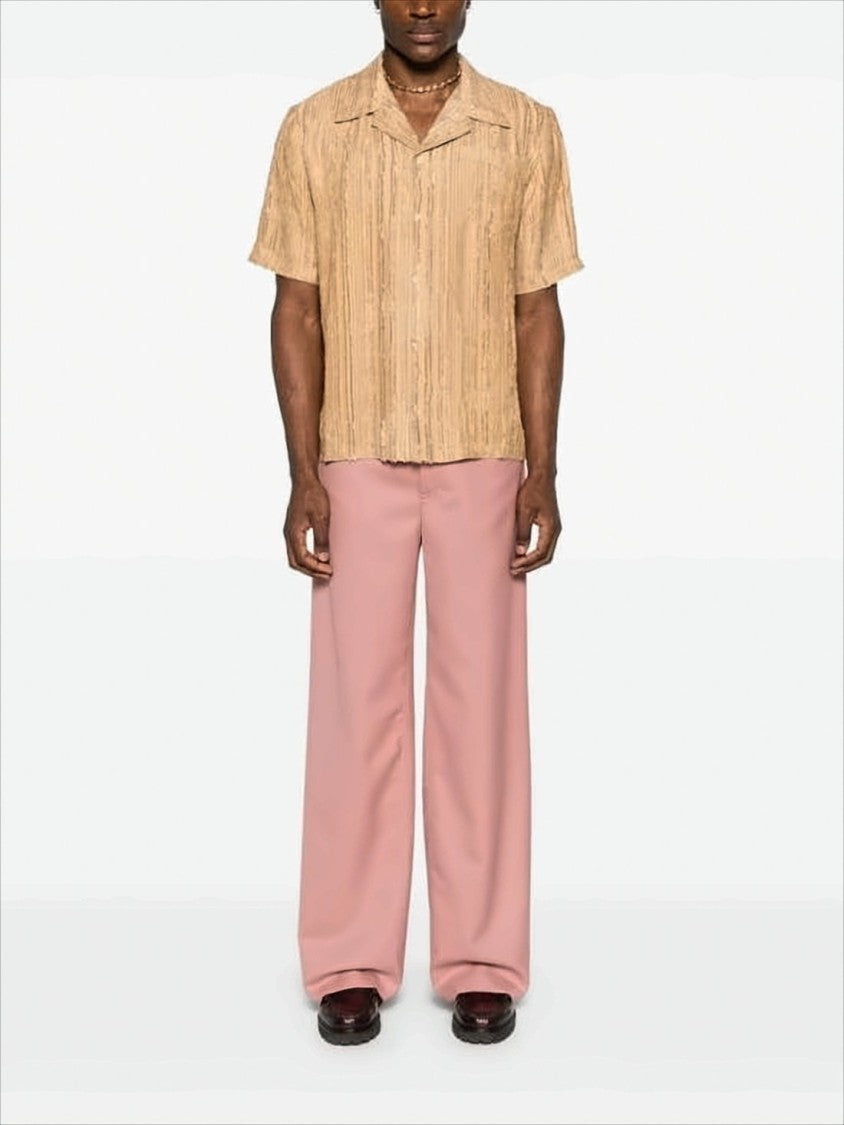 Camp Collar Short-Sleeved Shirt with Textured Vertical Stripes