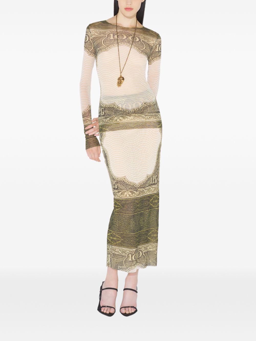 Long-Sleeved Sheer Top With Vintage Currency Print