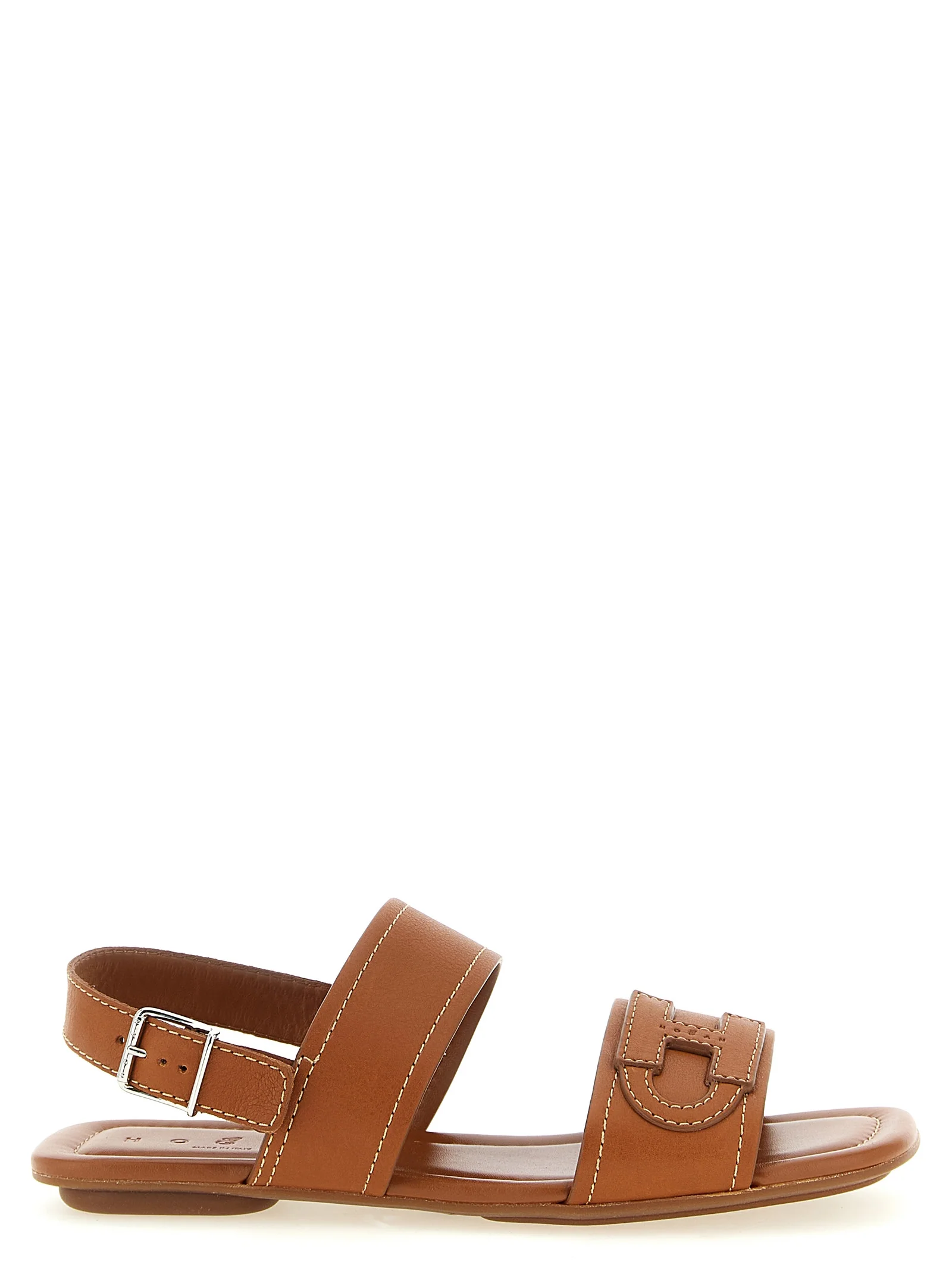 Warm Brown Leather Sandals with Emblem Detail