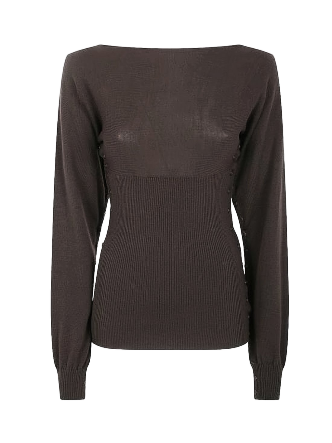 Fitted Brown Knit Sweater With Ribbed Details