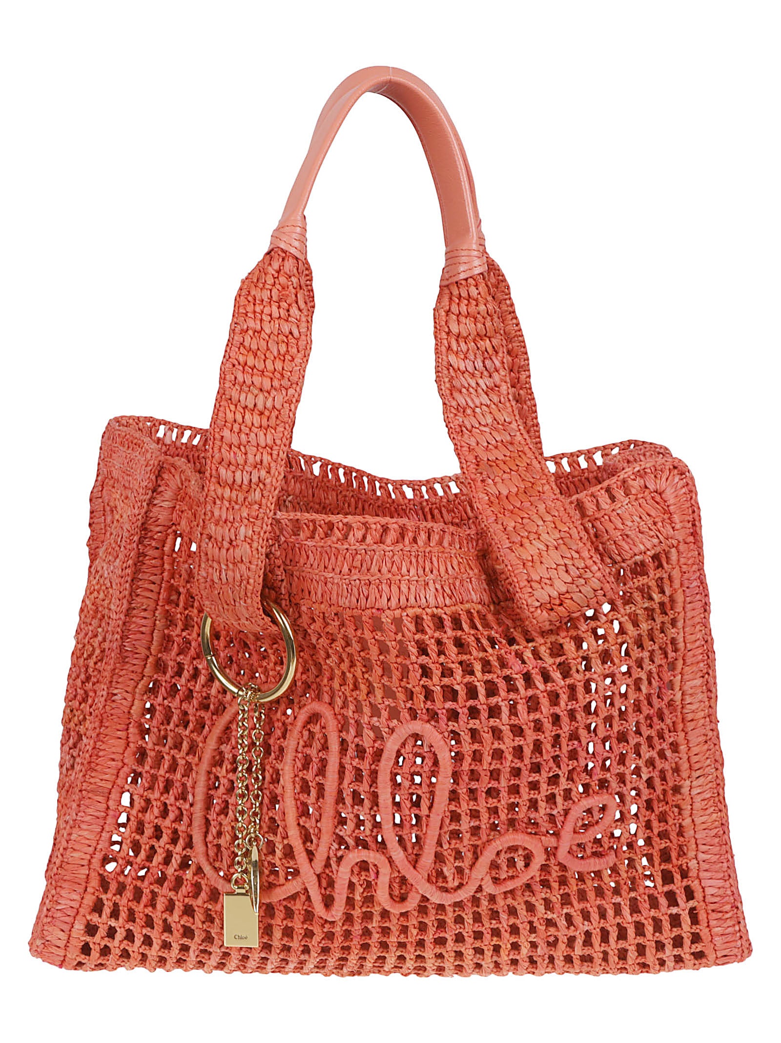 Crochet Tote Bag with Buffalo Leather Handles and Decorative Charms