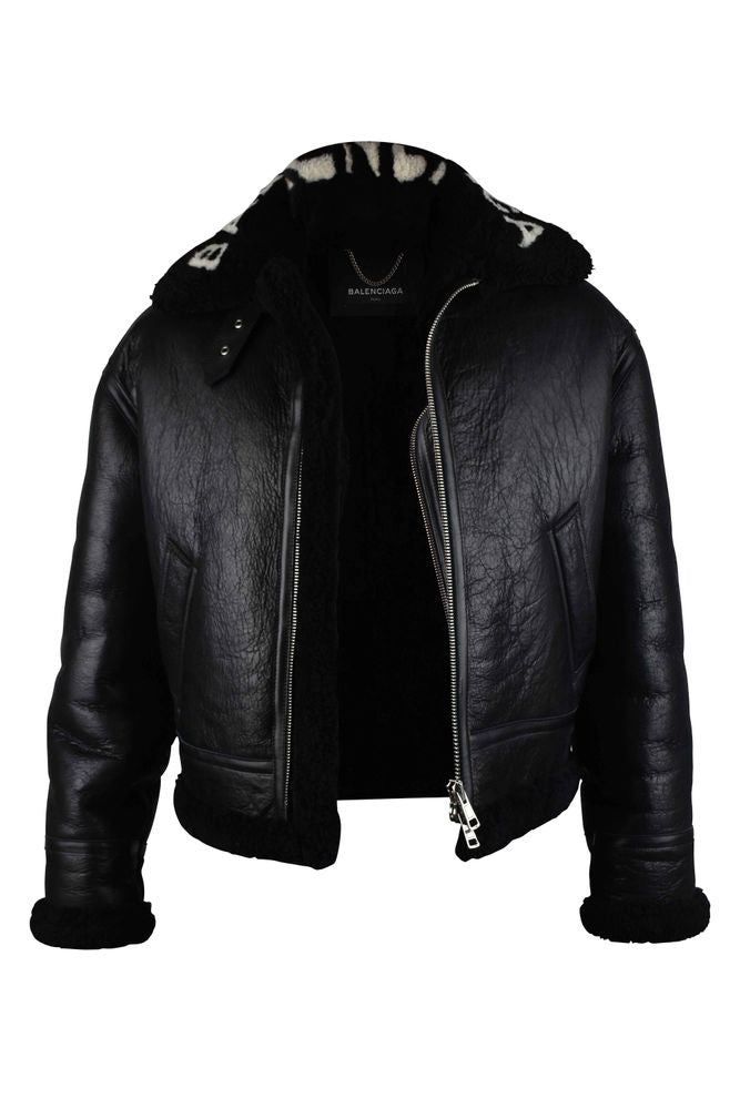 Shiny Black Leather and Wool Bomber