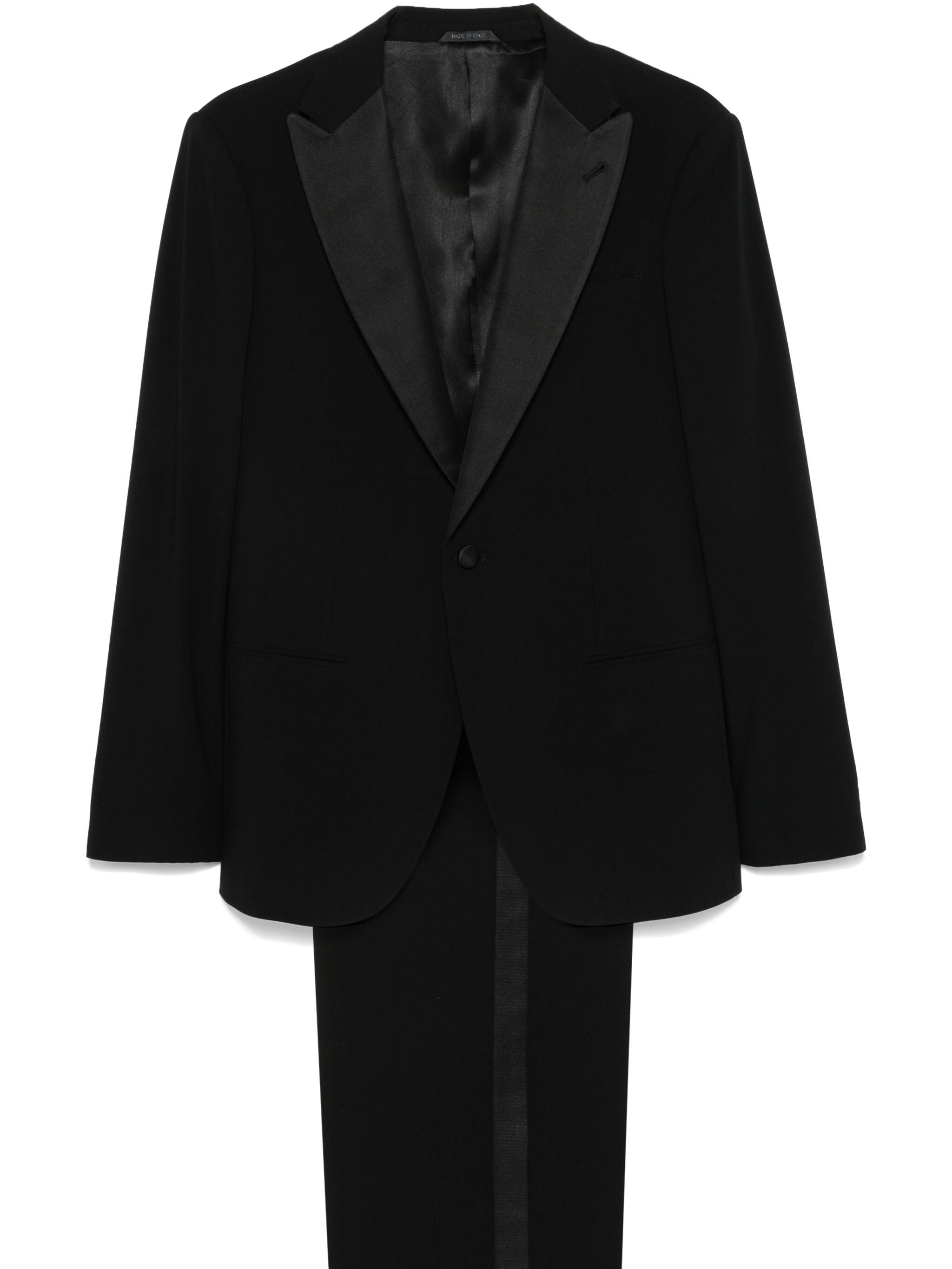 Single-Button Black Satin Peak Lapel Tuxedo