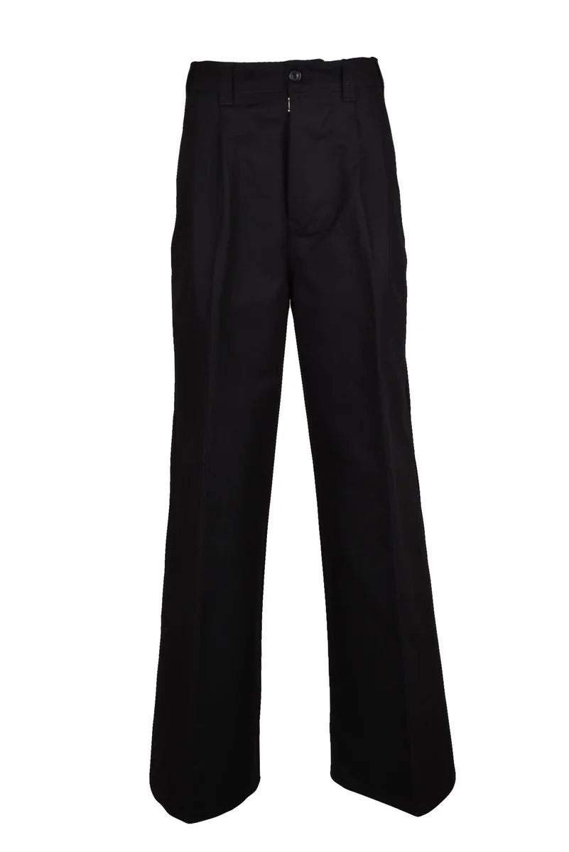 Wide Leg Cotton Trousers - Black