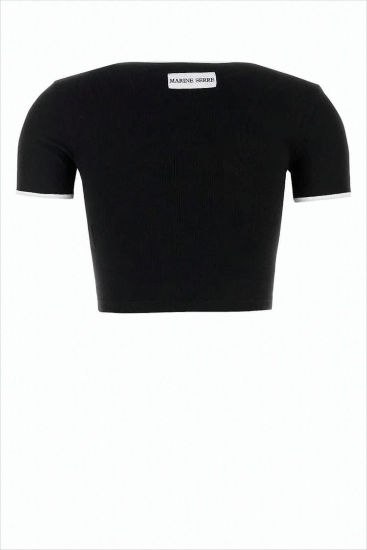 Cropped Fitted Short-Sleeve Top with Contrast Trim