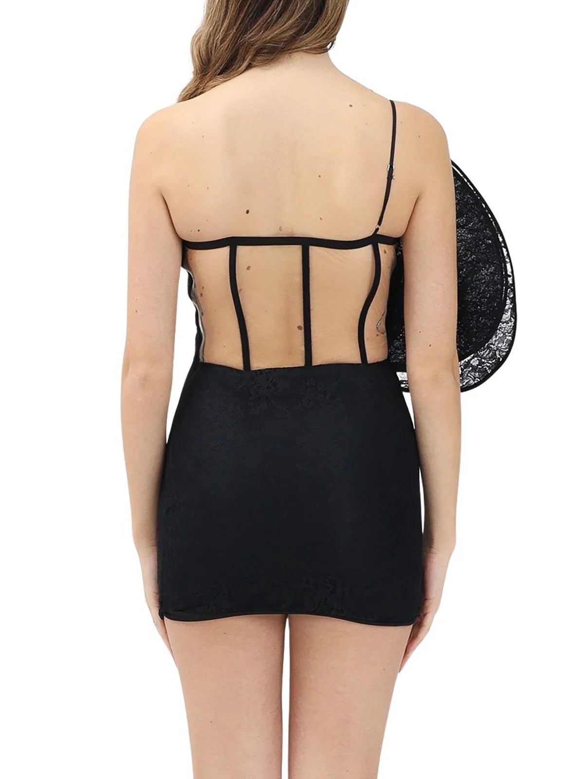 Black Polyamide One-Shoulder Lace Mini Dress