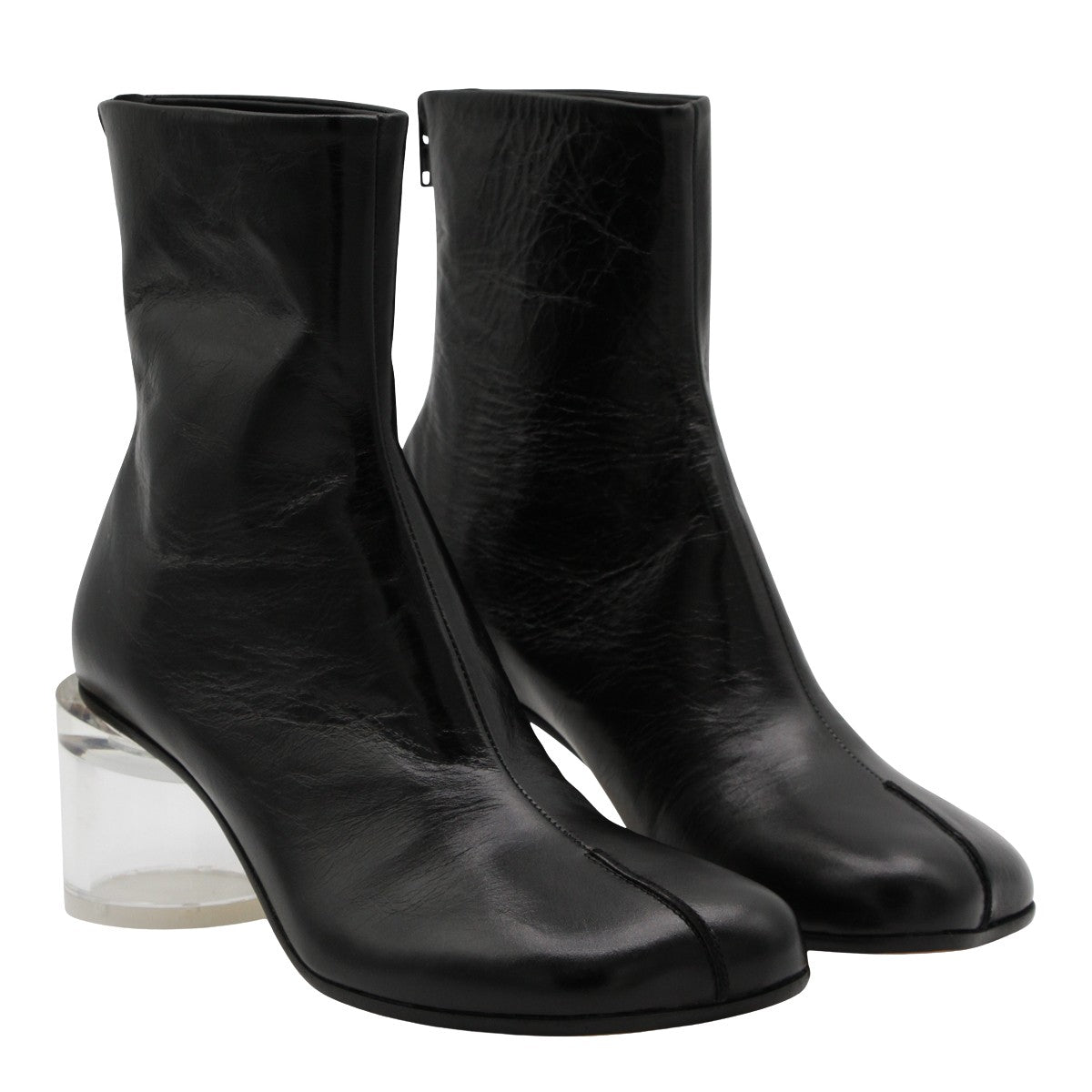 Split-Toe Black Leather Boots with Transparent Heel
