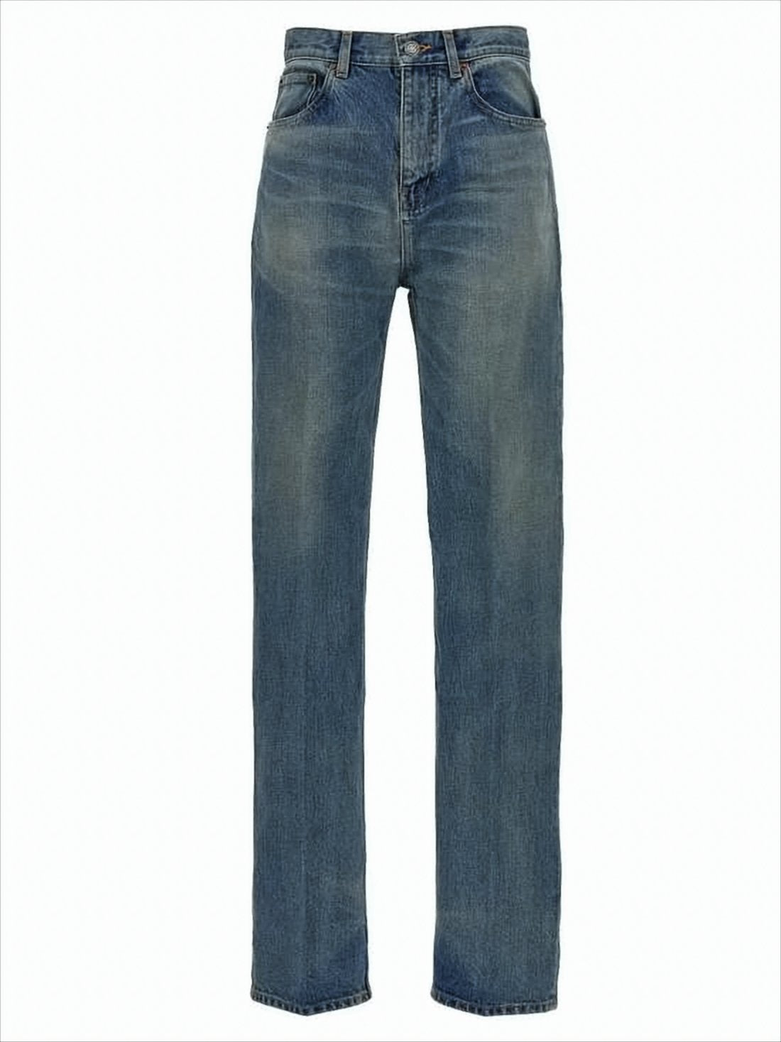 Mid-Blue Straight-Leg Denim Pants with Whiskering Details