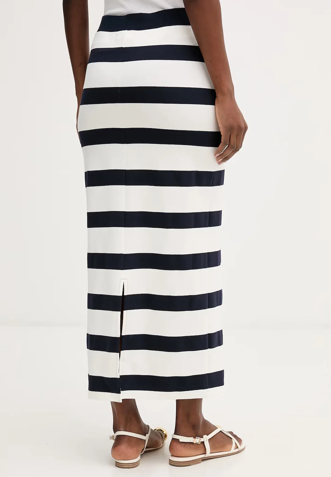 Navy Striped Viscose Midi Skirt