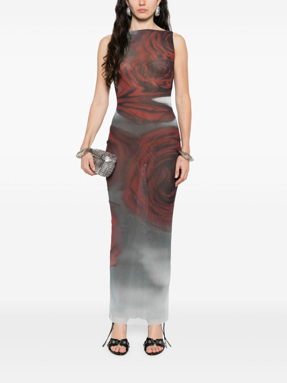 Dark Red Blurry Roses Print Sleeveless Tulle Maxi Dress