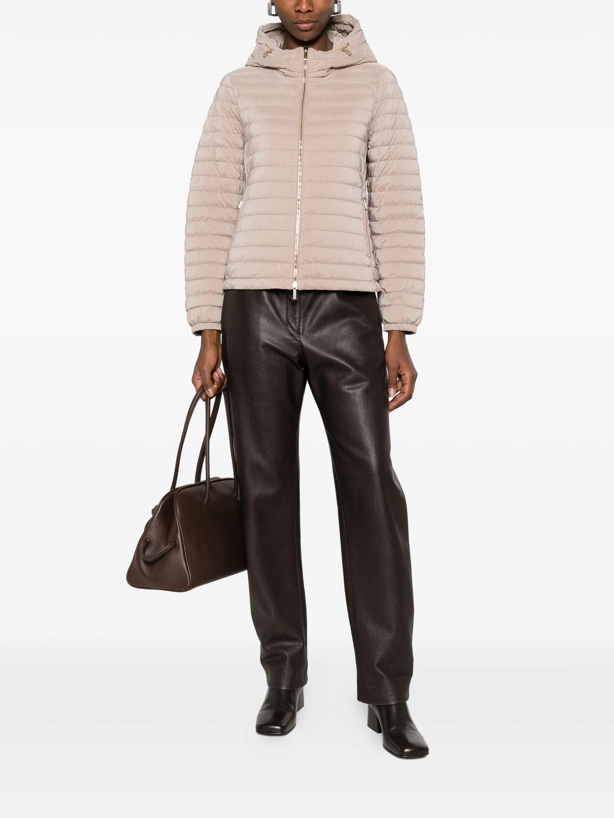 Neutral Quilted Hooded Jacket With Cropped Fit