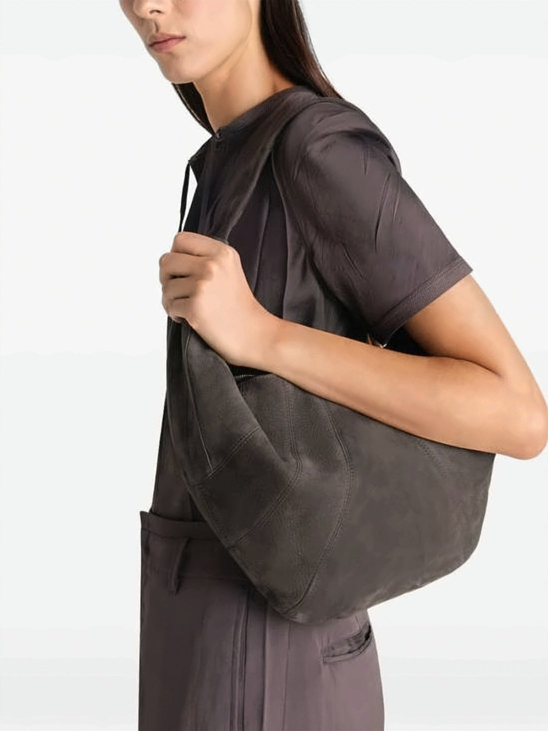 Crescent-Shaped Nubuck Leather Shoulder Bag