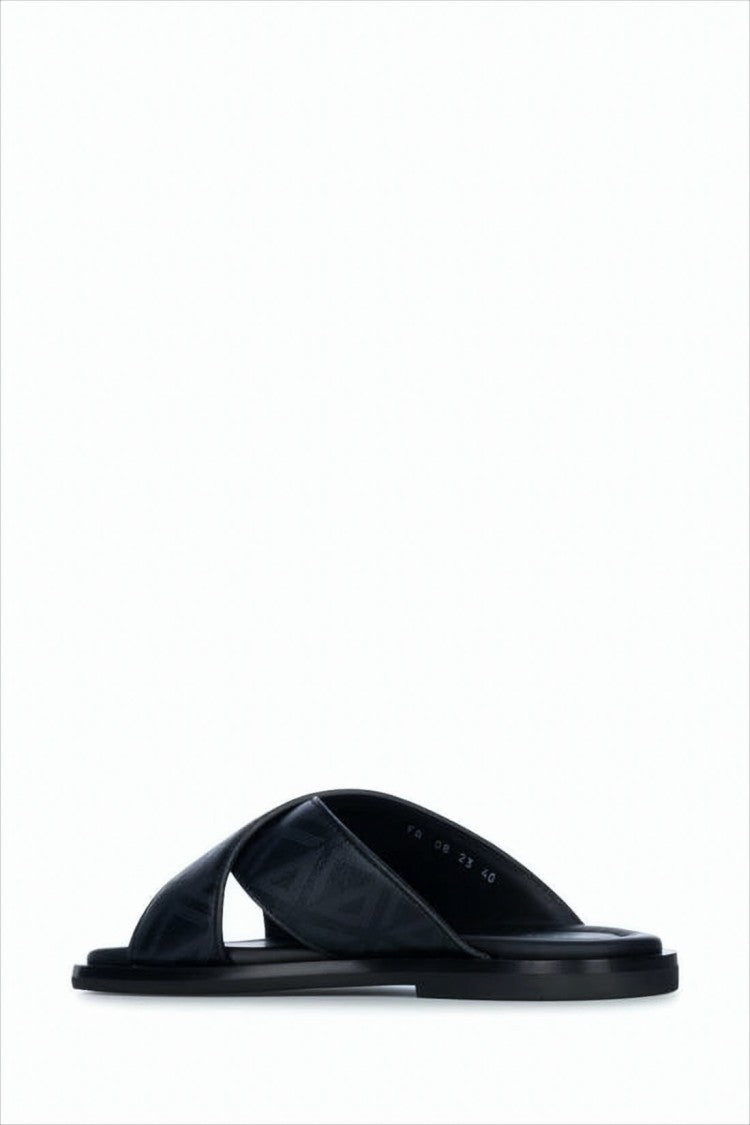 Open-Toe Black Mule Sandals with Embossed Detailing