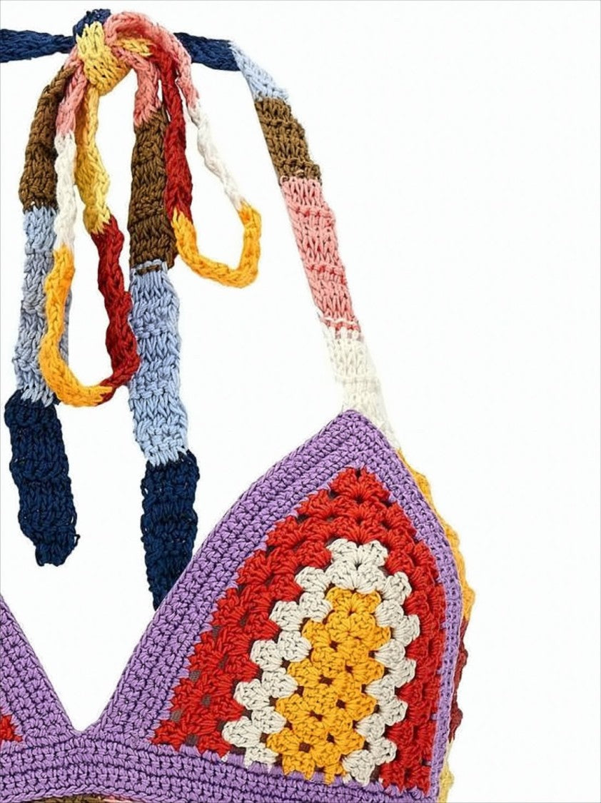 Colorful Crochet Bralette with Halter Neck Tie and Striped Underbust Band