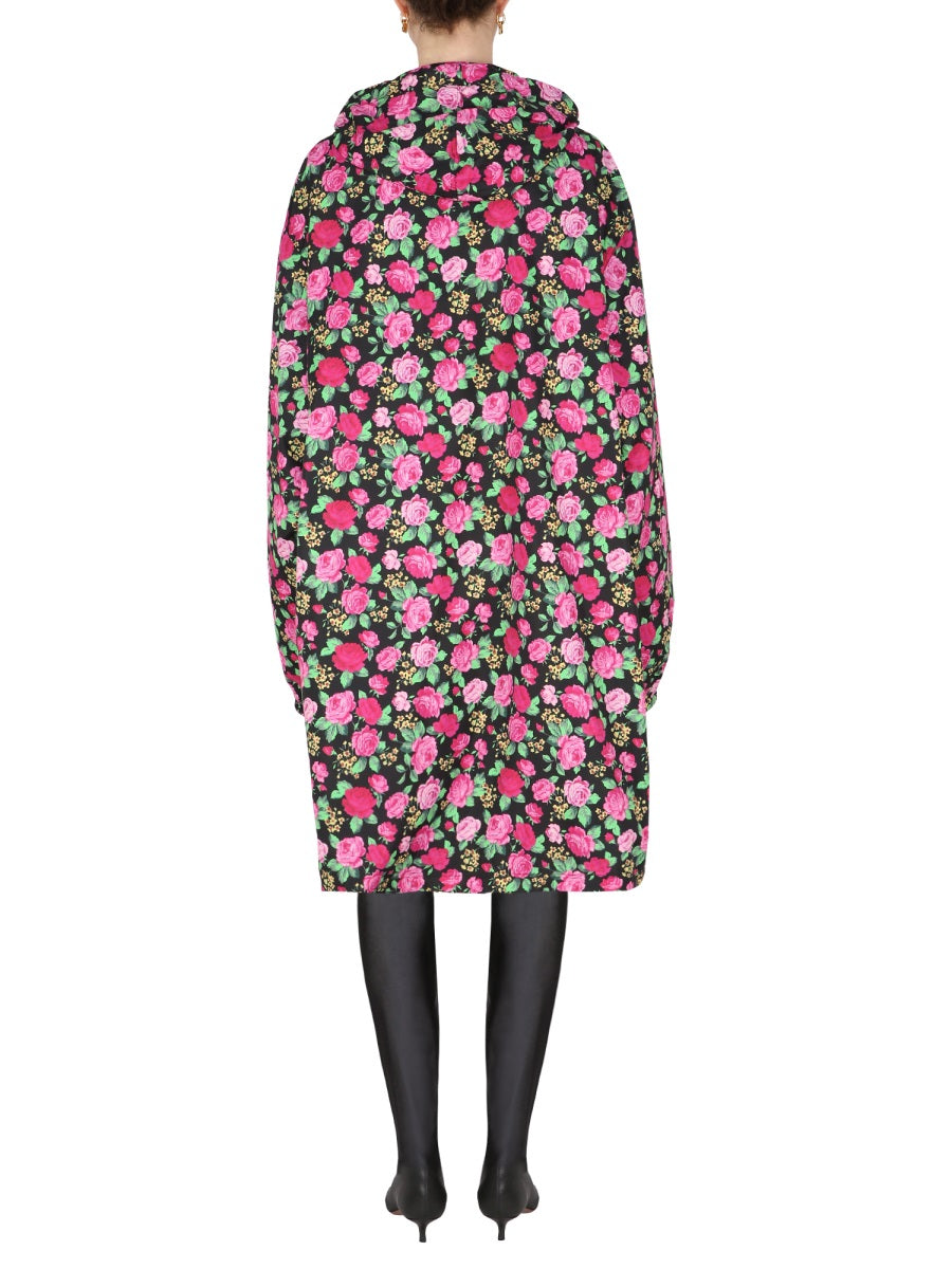 Floral-Pattern Hooded Coat with Drawstring Closure