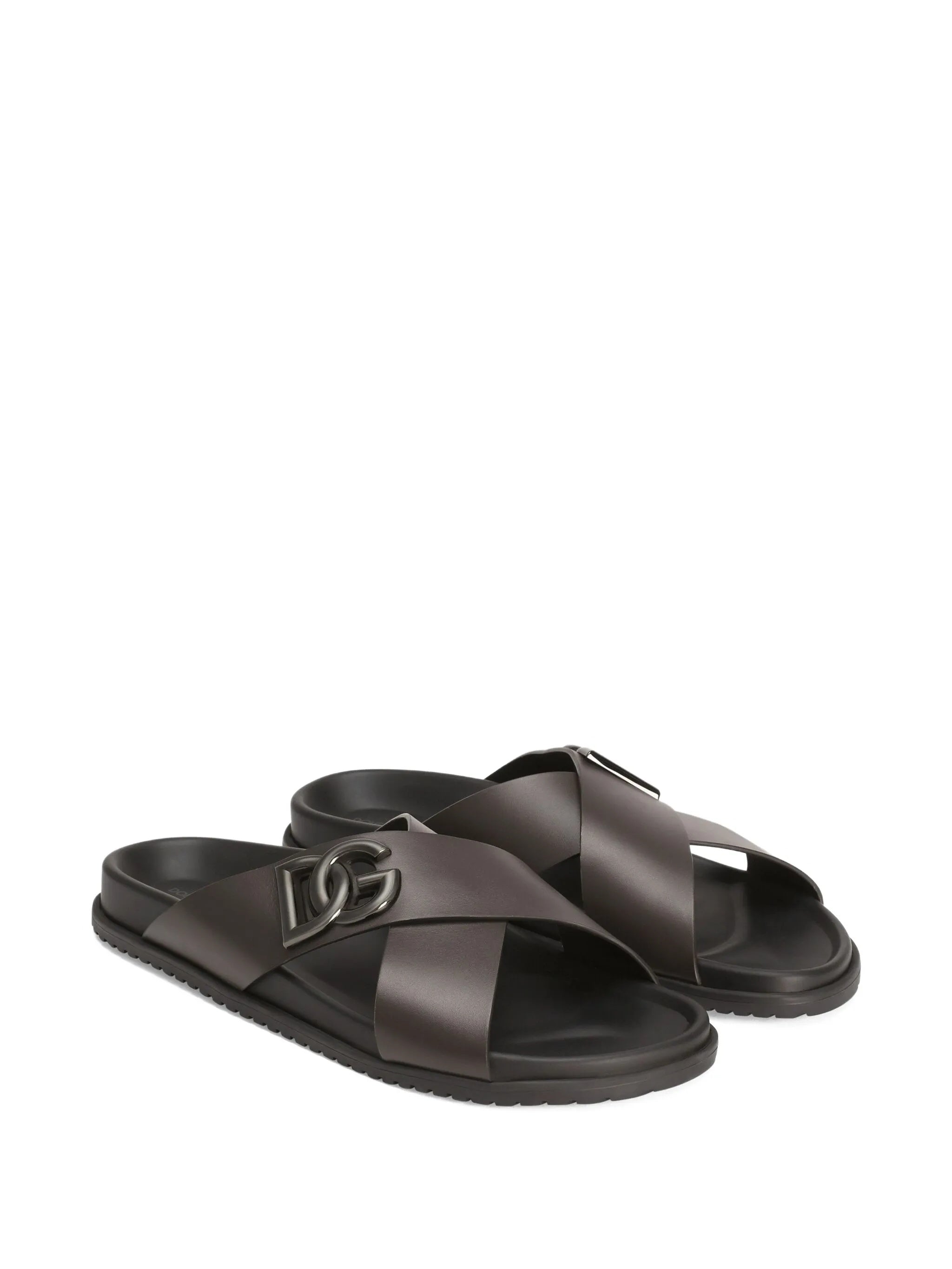 Black Leather Interlocking Logo Slide Sandals