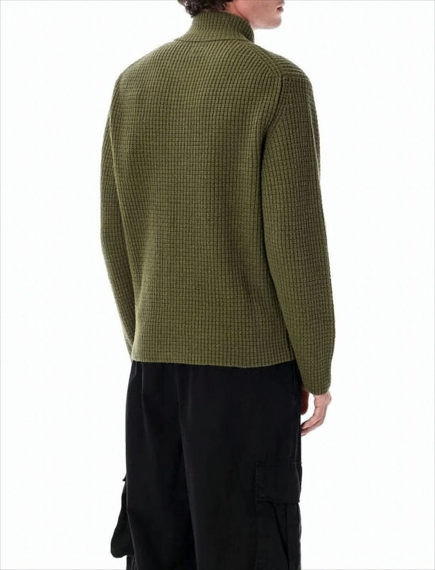 Textured Green Zip-Up Knitwear With High Collar