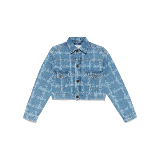 Cropped Denim Jacket with All-Over Script Print