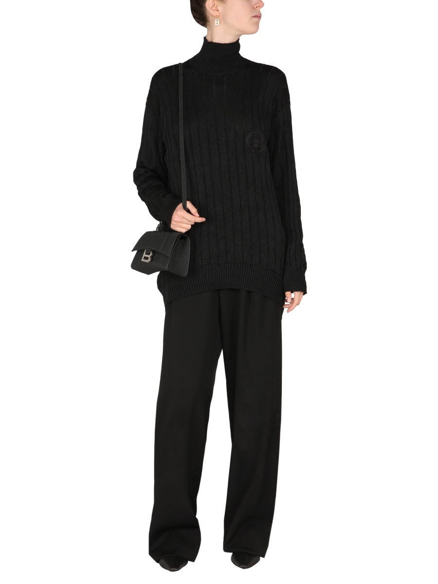 Ribbed Silk Knit Oversized Turtleneck Pullover