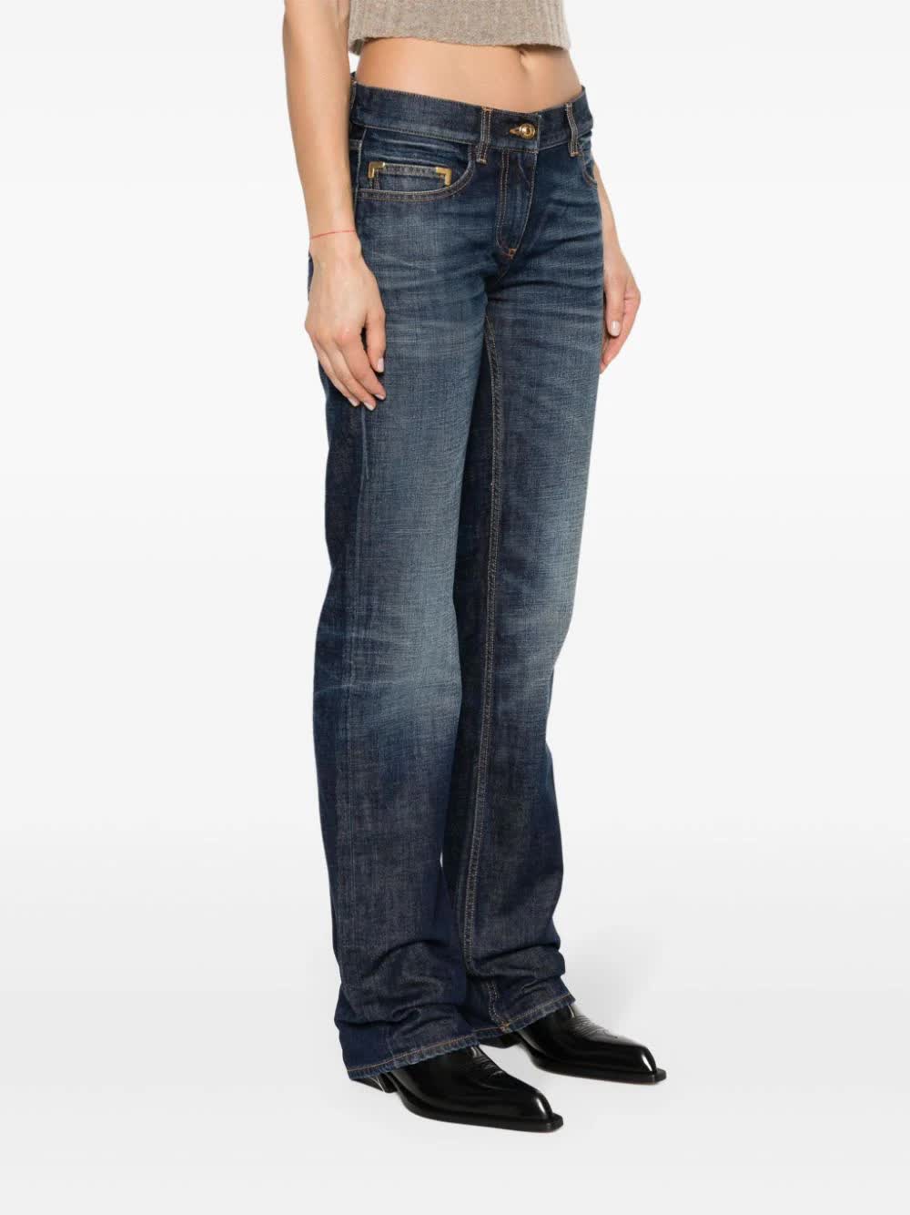 Blue Straight Leg Five Pocket Denim Jeans
