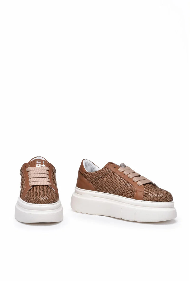 Leather Wedge Sneakers - Brown