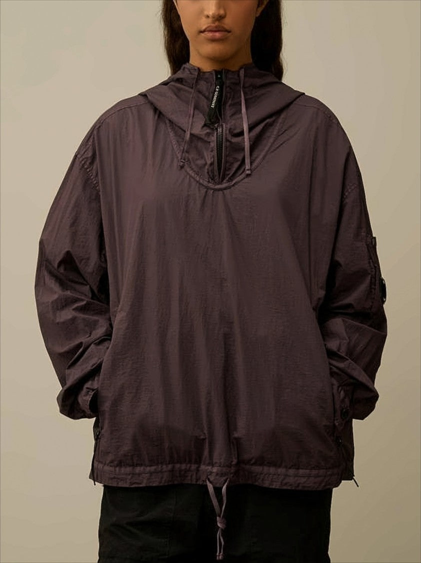 Brown Crinkled Texture Hooded Pullover With Distinctive Lens Detail